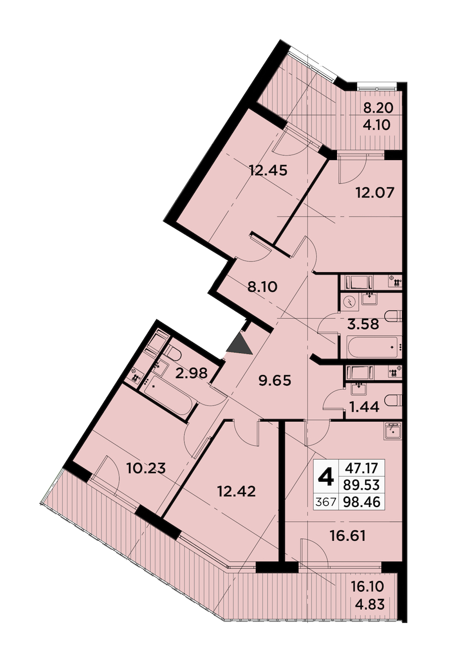 4-комнатная квартира 98.46 м², 14/14 эт., ЖК «GloraX City Zanevsky»